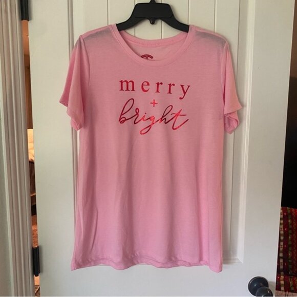 Holiday Time women’s pink shirt sleeve “Merry & Bright” top - Picture 1 of 6